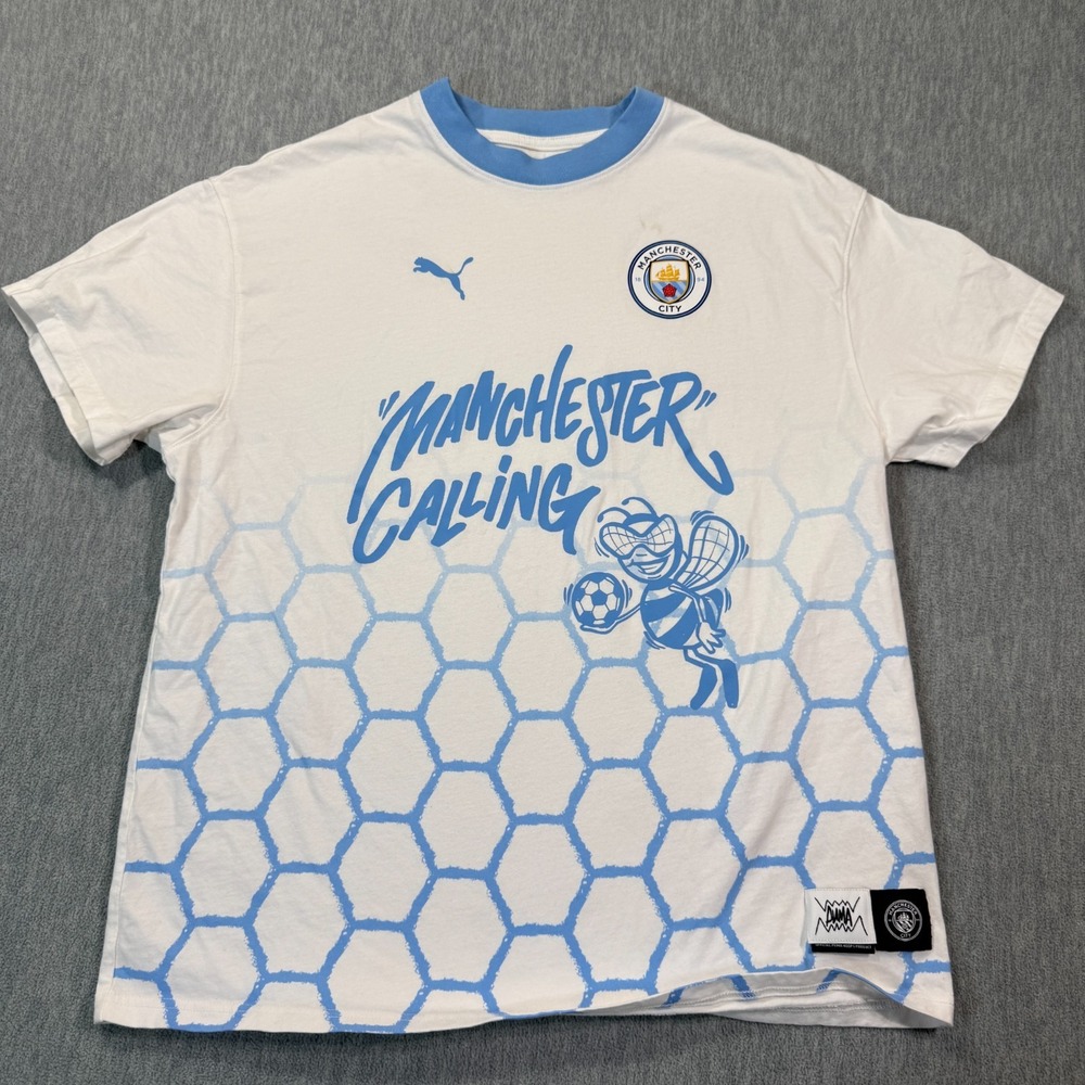 PUMA Manchester City FC T-Shirt Mens Medium White‎ Manchester Calling Bee Soccer
